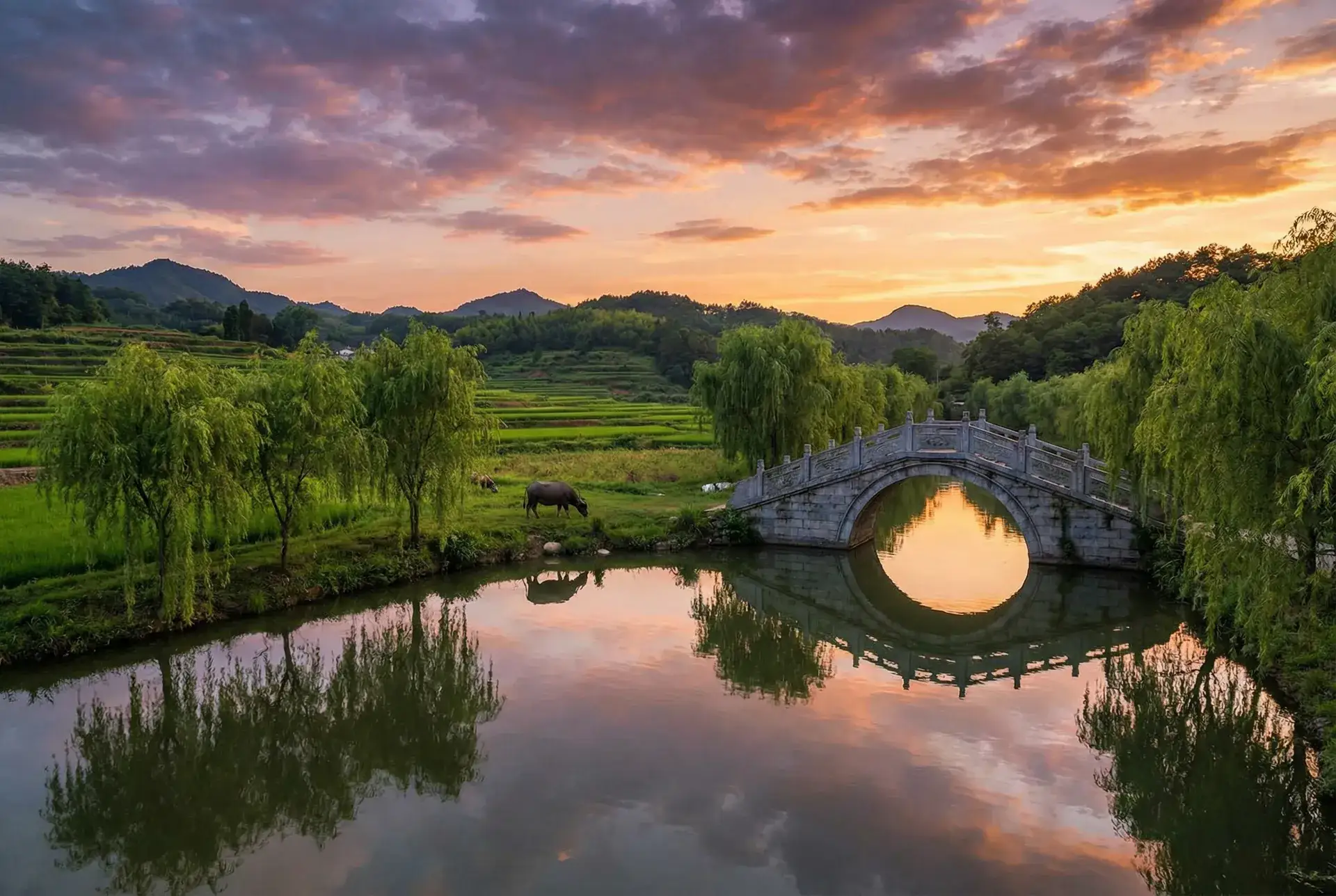 夕阳下的石拱桥与垂柳，水牛在河边吃草 - 《彼女の调教》在线观看 乡村美景
